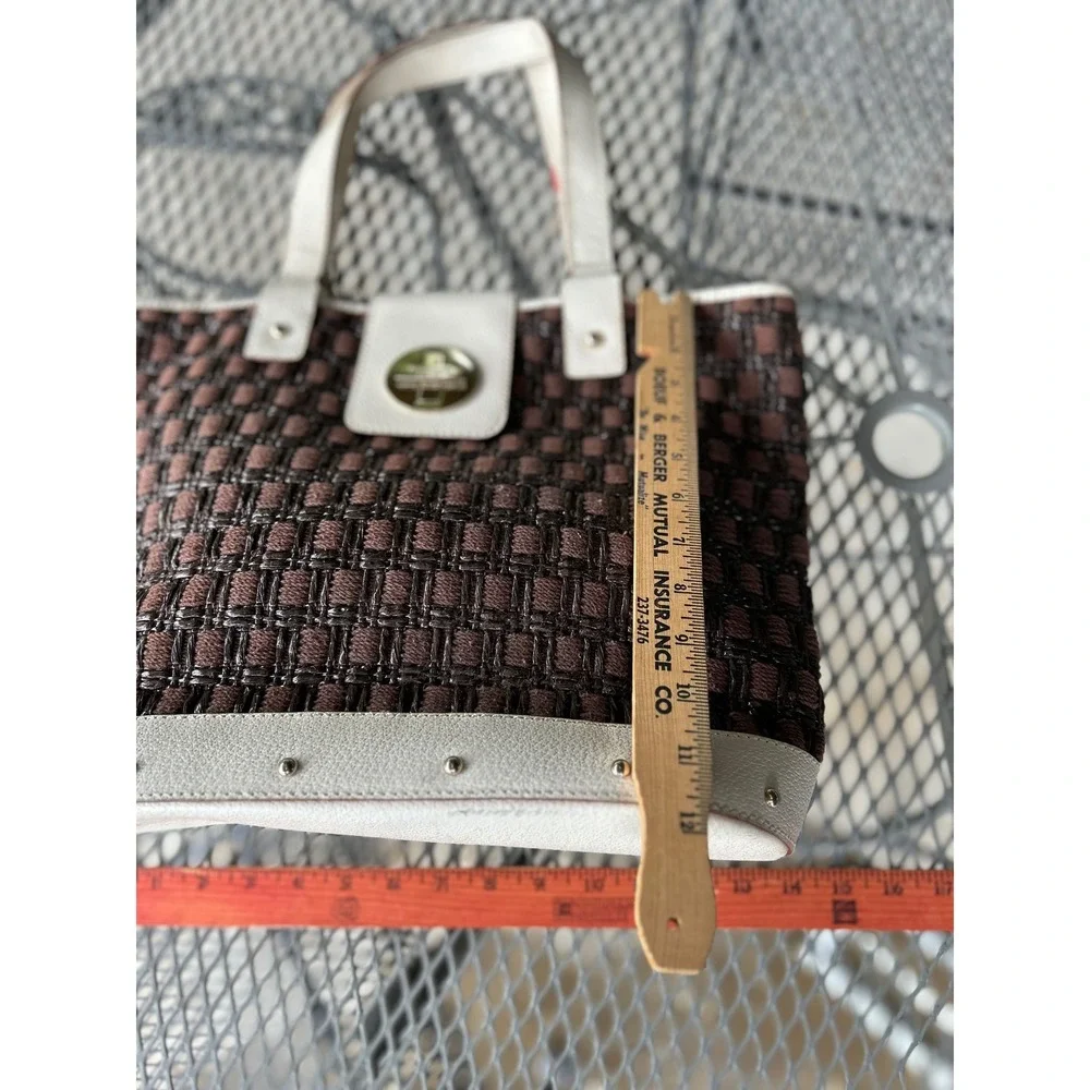 Vintage Kate Spade Woven Tote Cream Brown Classic Leather Designer Shoulder Bag